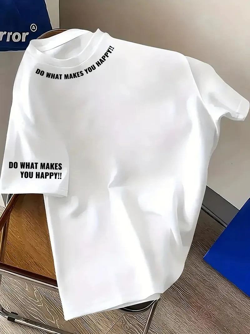 Do What Makes You Happy” White T-Shirt – Minimal Graphic | Oversized Drop Shoulder Fit