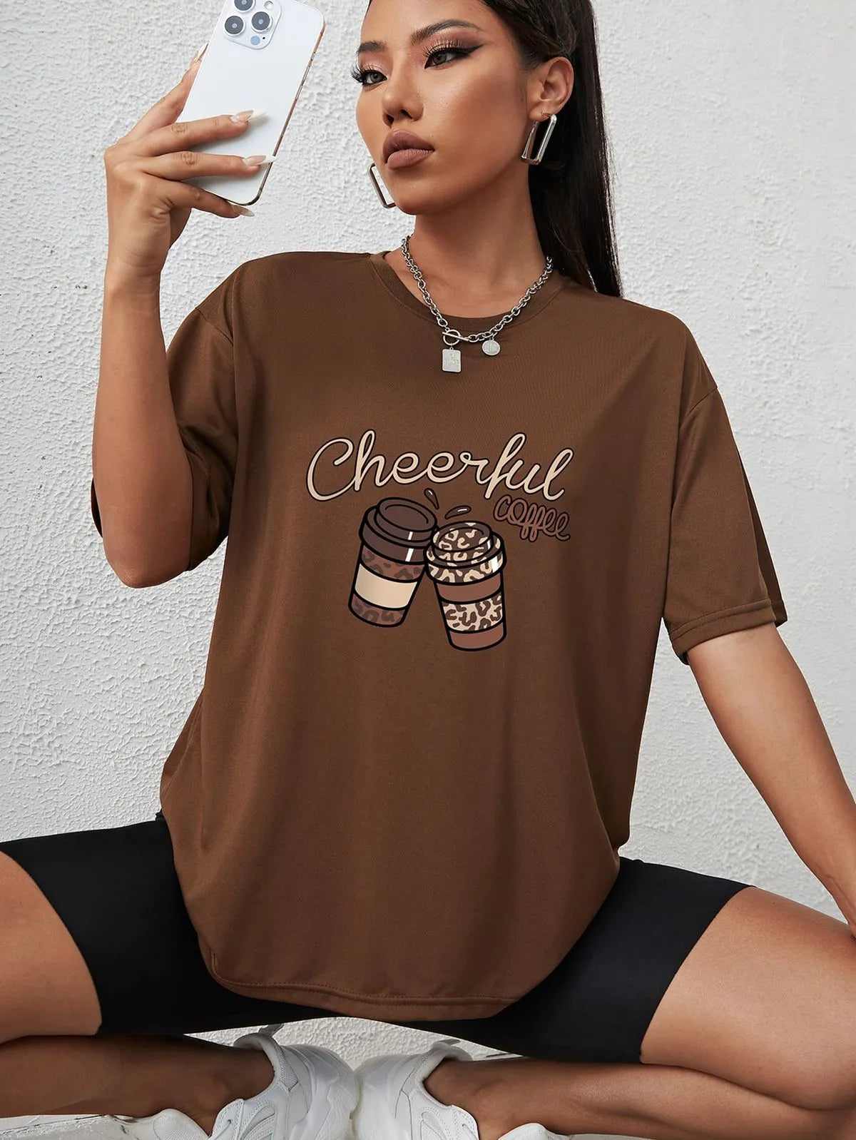 Cheerful Coffee T-Shirt – Brown | Oversized Drop Shoulder Tee for Coffee Lovers