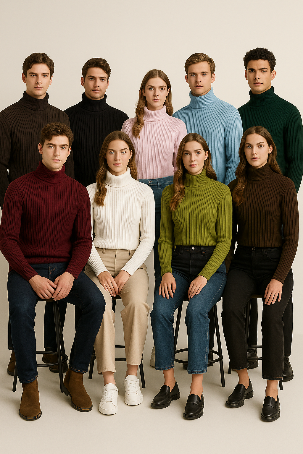 Group of people wearing turtleneck sweaters in various colors against a neutral background
