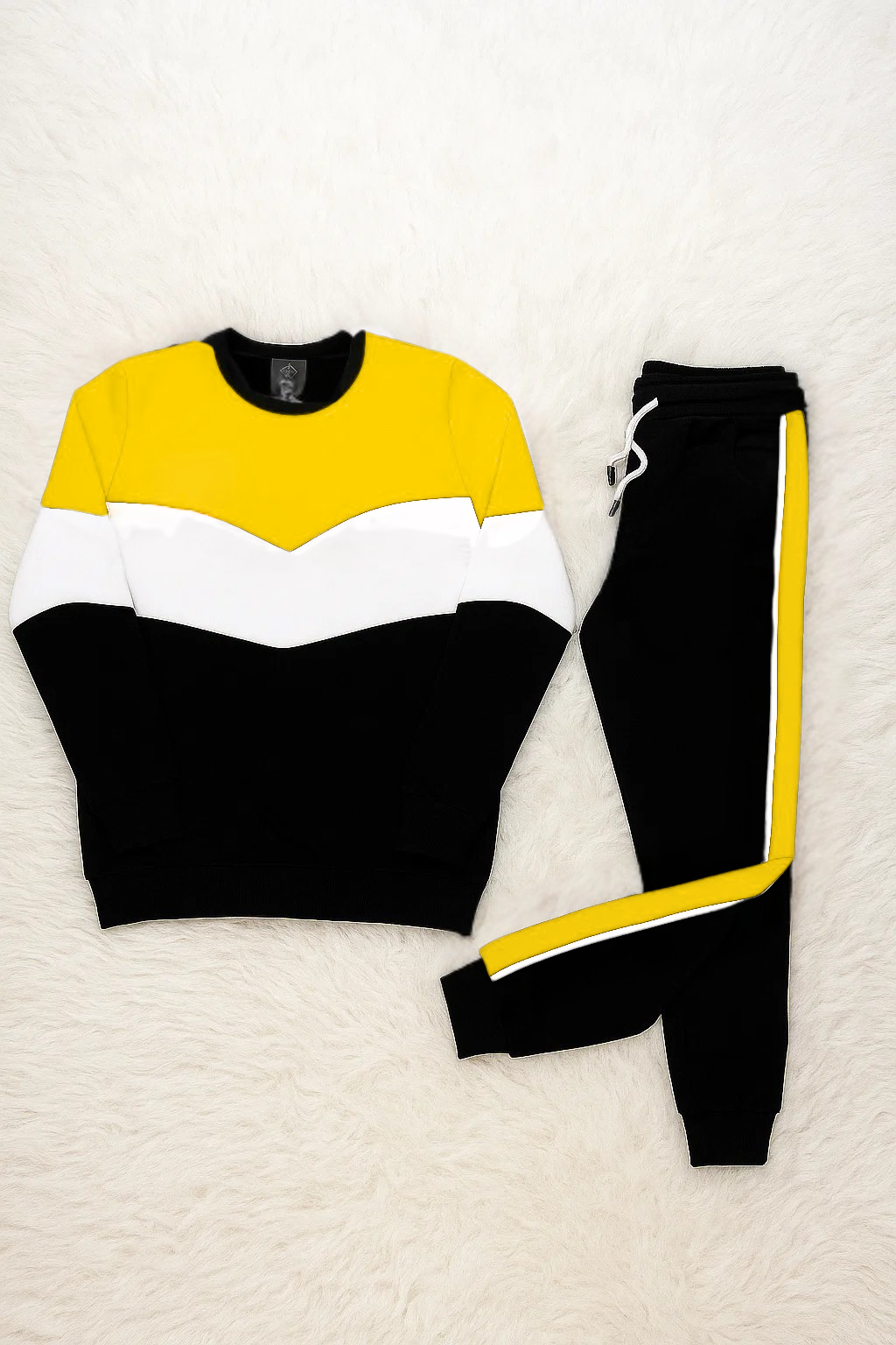 Men’s and women's yellow, white, and black color block tracksuit – stylish two-piece set with sweatshirt and joggers.
