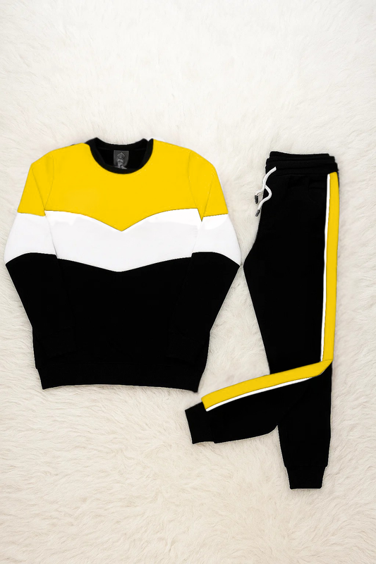 Men’s and women's yellow, white, and black color block tracksuit – stylish two-piece set with sweatshirt and joggers.