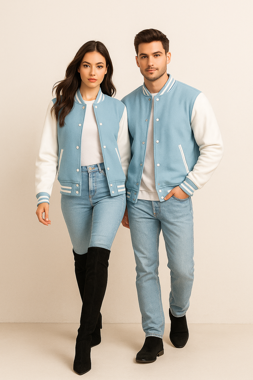 Couple wearing varsity jackets in Pakistan – stylish winter outfit