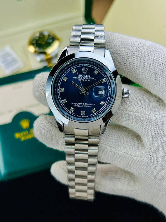 Prestige Silver Chain Navy Dial Diamond-Style Rlx Men’s Watch With Date Display