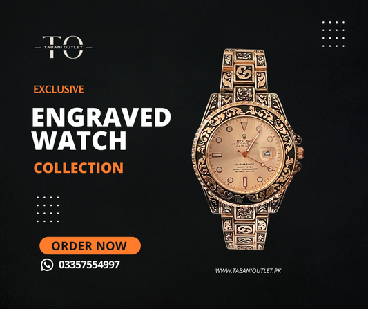 Engraved watch rose gold  and black chain with rose gold dial