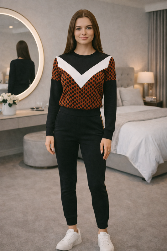 Black Women’s  Printed Tracksuit Co-Ord Set – Stylish Sweatshirt & Joggers