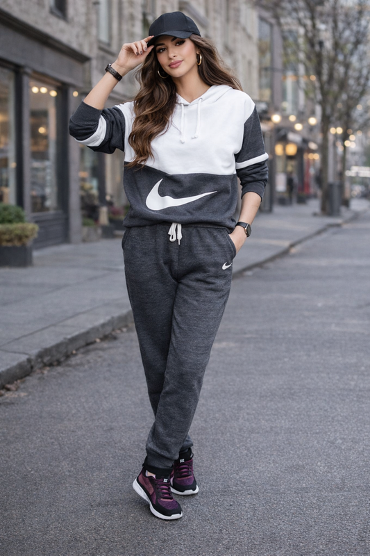 Charcoal black and White Color  Tracksuit | Two-Piece Set