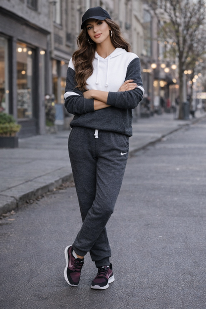 Charcoal black and White Color  Tracksuit | Two-Piece Set