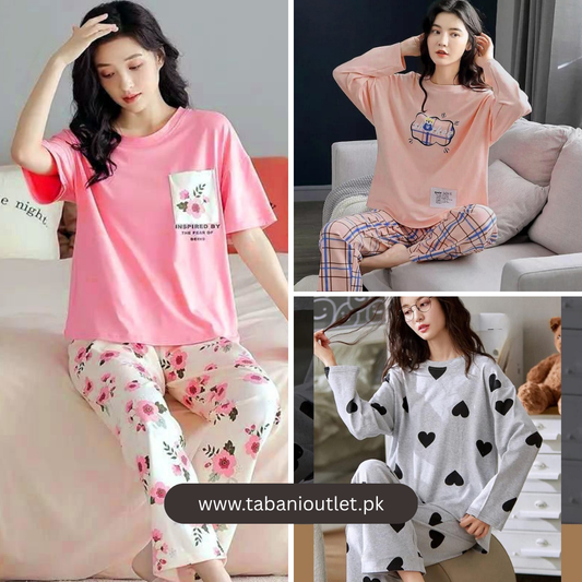 Pack of 3 Women’s Summer PJs (design 2) – Pink Floral, Orange check & grey hearts | Stay Cool & Cute All Season