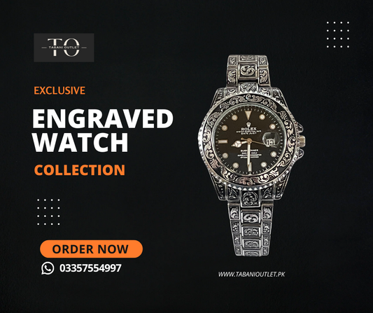 Engraved watch silver and black chain with black dial