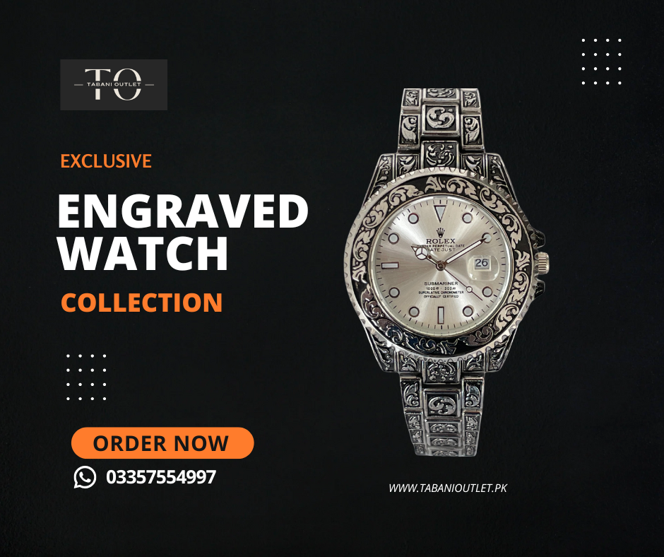Engraved watch silver and black chain with silver dial