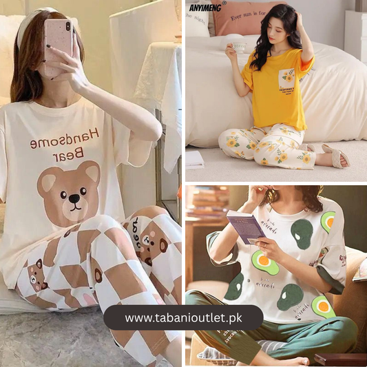 Pack of 3 Women’s Summer PJs (design 3) – Brown teddy, Yellow floral & Avacado| Stay Cool & Cute All Season