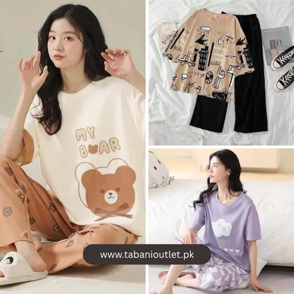 Pack of 3 Women’s Summer PJs (design 4) – Brown teddy, Brown and black printed & Purple flower| Stay Cool & Cute All Season