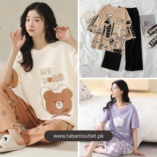 Pack of 3 Women’s Summer PJs (design 4) – Brown teddy, Brown and black printed & Purple flower| Stay Cool & Cute All Season