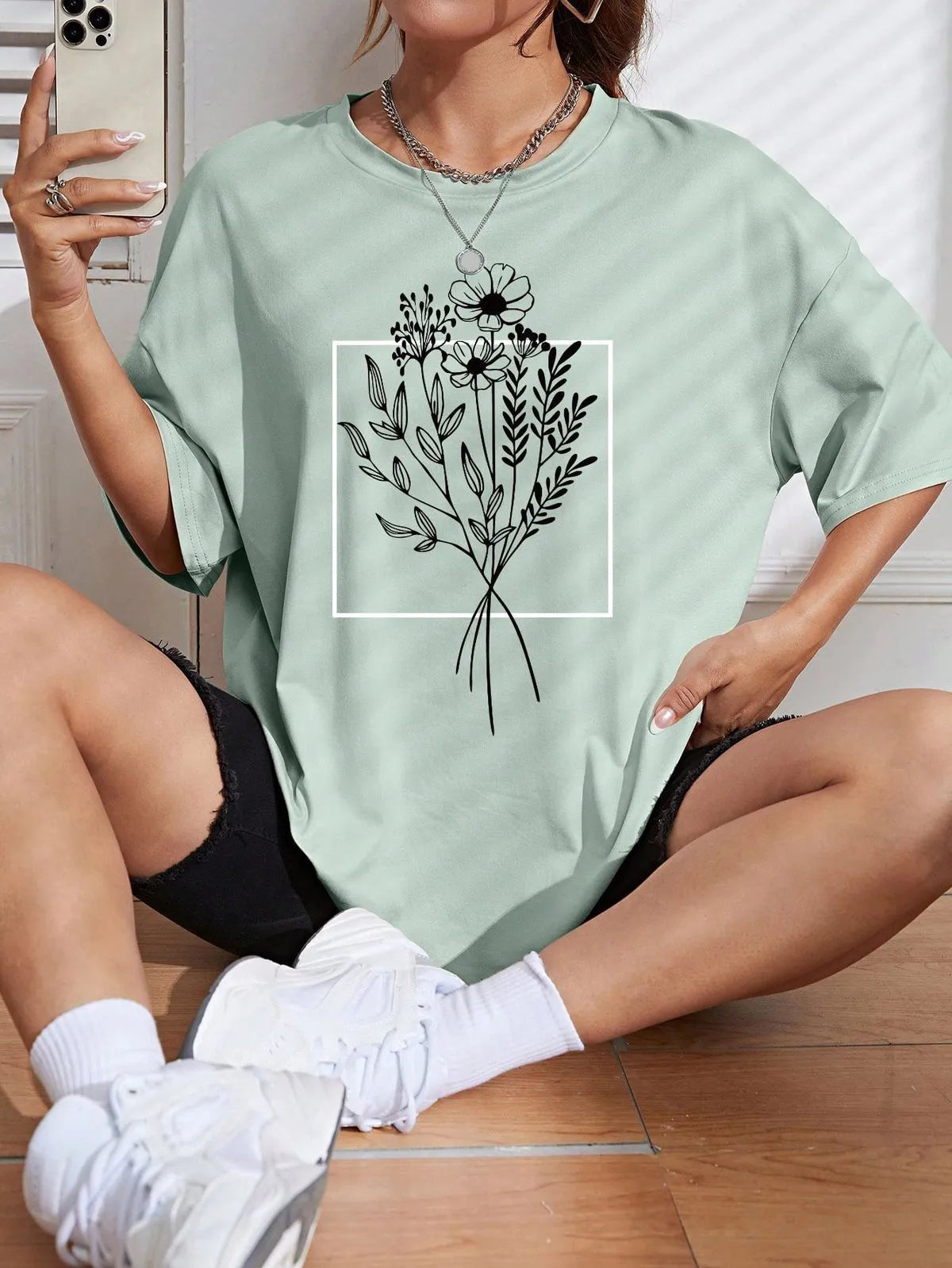 Floral Bloom T-Shirt – Light Sea Green | Soft Oversized Drop Shoulder Tee