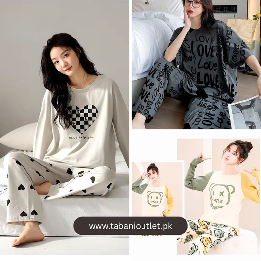 Pack of 3 Women’s Summer PJs (design 7) – Grey doted hearts, charcoal love & multicolor teddy | Stay Cool & Cute All Season
