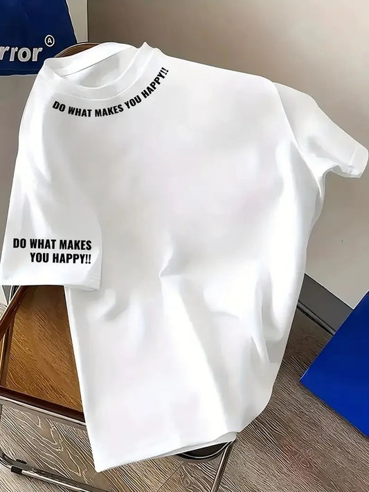 Do What Makes You Happy” White T-Shirt – Minimal Graphic | Oversized Drop Shoulder Fit