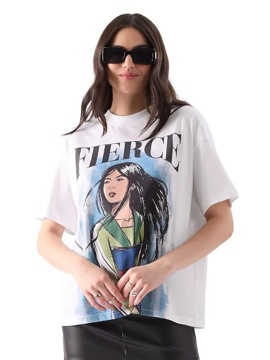 “Fierce” Girl Print White T-Shirt – Oversized Drop Shoulder | Bold Streetwear Look
