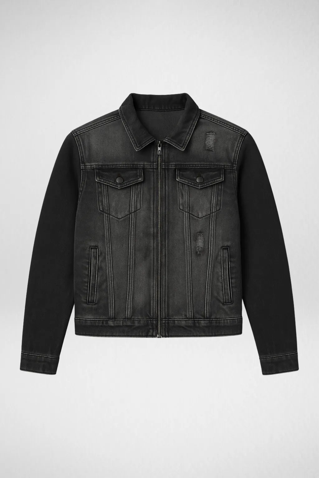 Black Distressed Denim Jacket – Unisex zip-up casual outerwear for men and women in Pakistan, trendy denim streetwear."