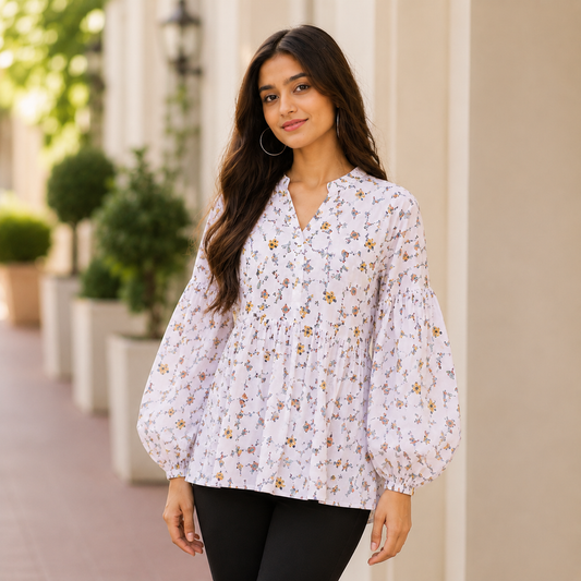 White Balloon Sleeve Top for Women | Printed Statement Blouse