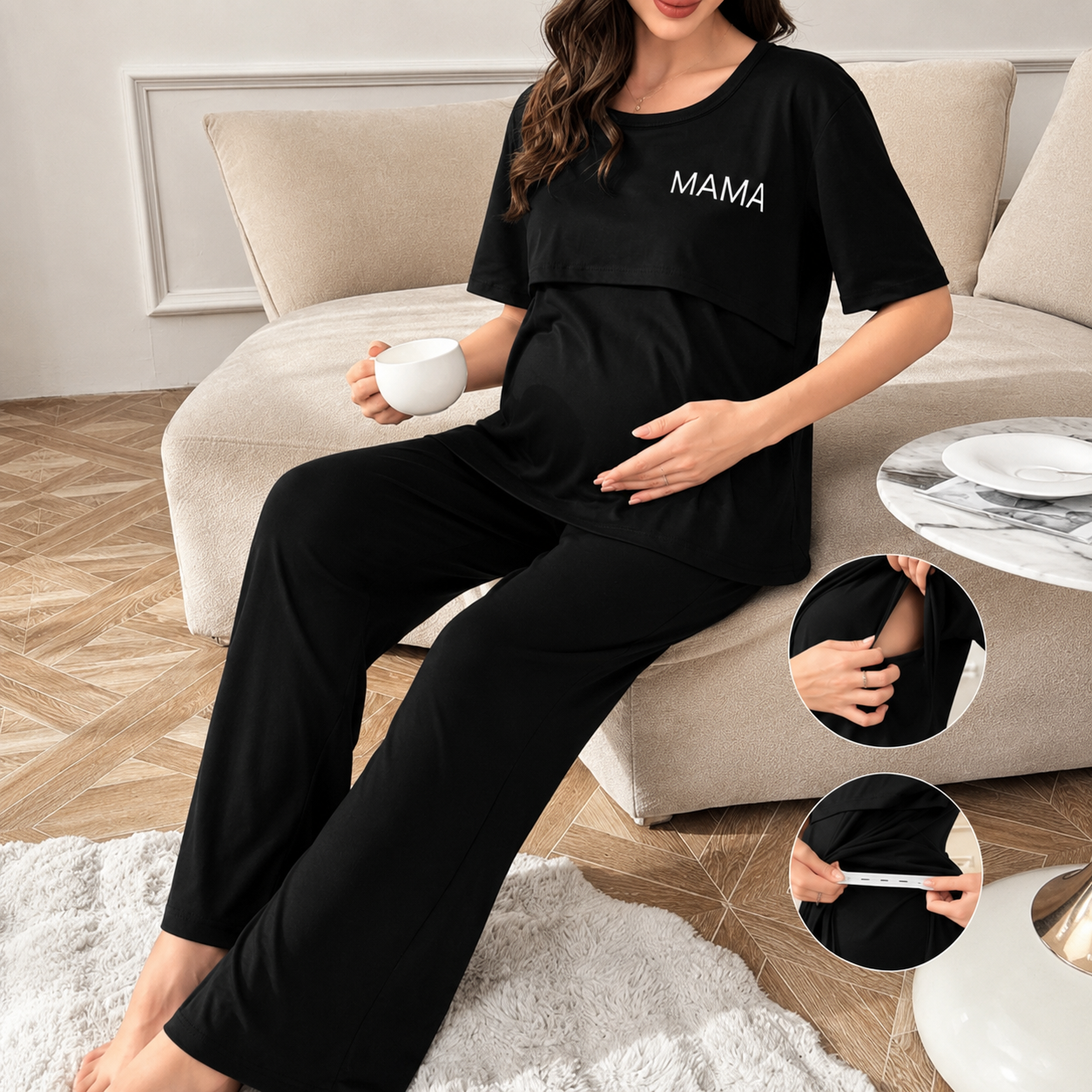 Maternity & Breastfeeding Pajama Set – Soft Cotton Nursing Loungewear with Adjustable Elastic Waist (Jet Black)