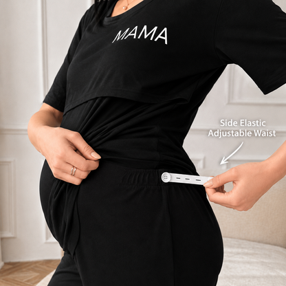 Maternity & Breastfeeding Pajama Set – Soft Cotton Nursing Loungewear with Adjustable Elastic Waist (Jet Black)