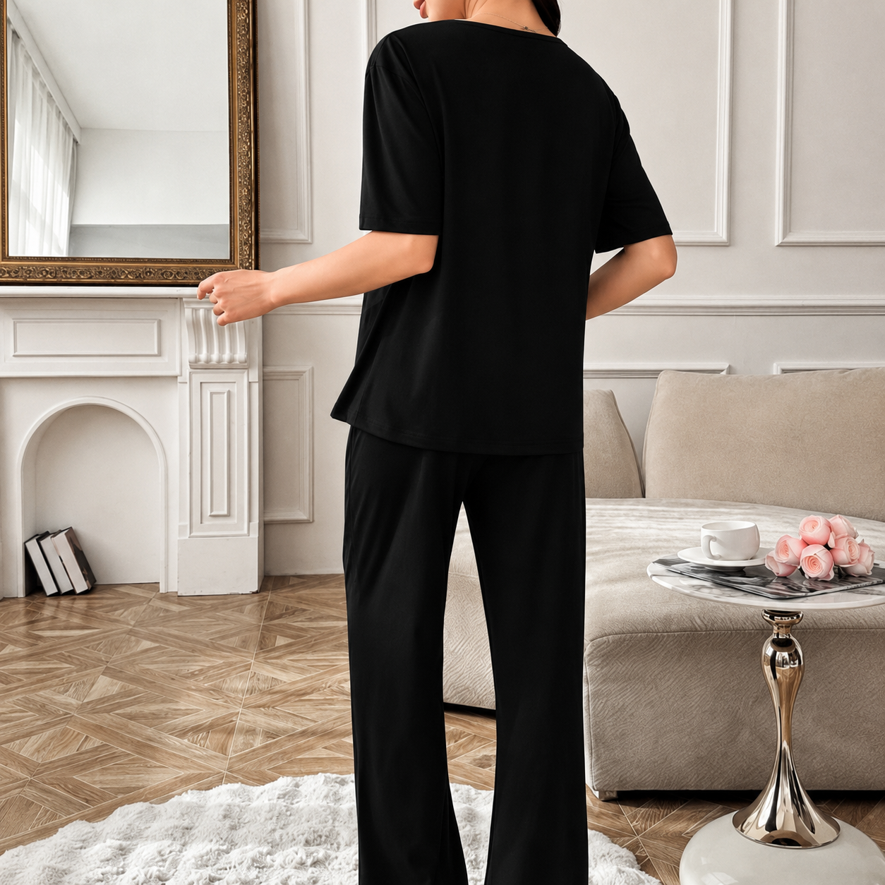 Maternity & Breastfeeding Pajama Set – Soft Cotton Nursing Loungewear with Adjustable Elastic Waist (Jet Black)