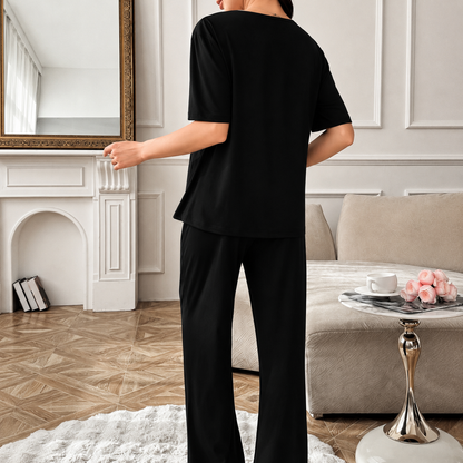 Maternity & Breastfeeding Pajama Set – Soft Cotton Nursing Loungewear with Adjustable Elastic Waist (Jet Black)
