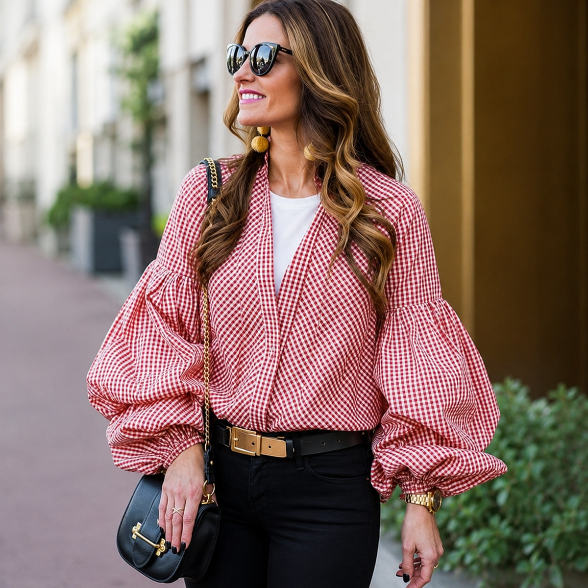 Pink Balloon Sleeve Top for Women |Deep Neck