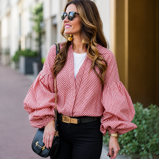 Pink Balloon Sleeve Top for Women |Deep Neck