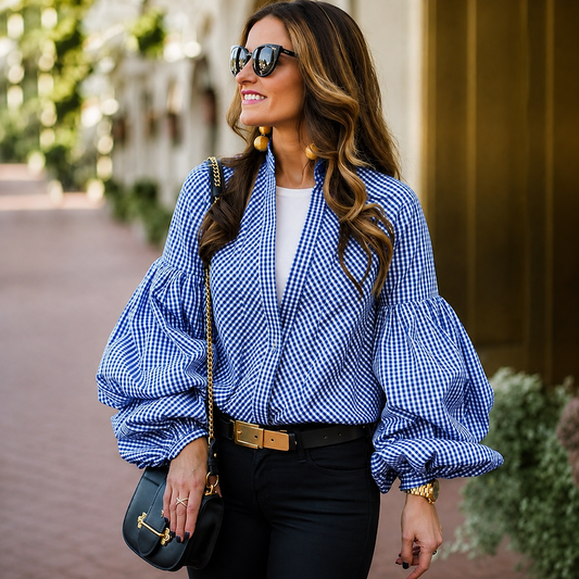 Blue Balloon Sleeve Top for Women |Deep Neck