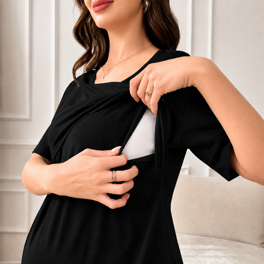 Maternity & Breastfeeding Pajama Set – Soft Cotton Nursing Loungewear with Adjustable Elastic Waist (Jet Black)