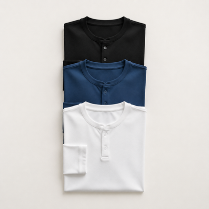 Premium Henley T-Shirt Pack of 3 – Classic Fit Cotton Tees (White, Black, Navy)