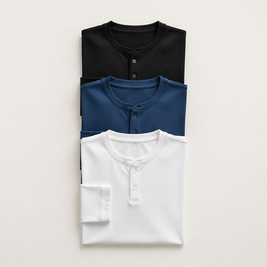 Premium Henley T-Shirt Pack of 3 – Classic Fit Cotton Tees (White, Black, Navy)