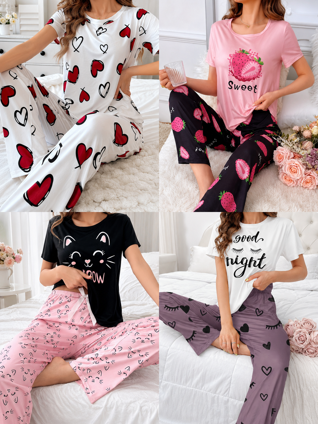 Pack of 4 Women's Printed Night Suit Sets | Soft Comfortable Pajama Sleepwear Collection