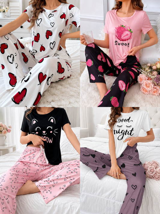 Pack of 4 Women's Printed Night Suit Sets | Soft Comfortable Pajama Sleepwear Collection