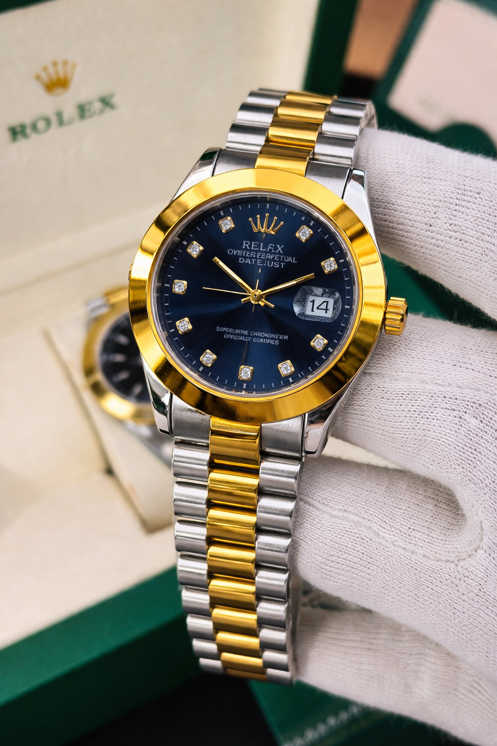 Prestige two tone Chain Blue Dial Diamond-Style  Men’s Watch With Date Display