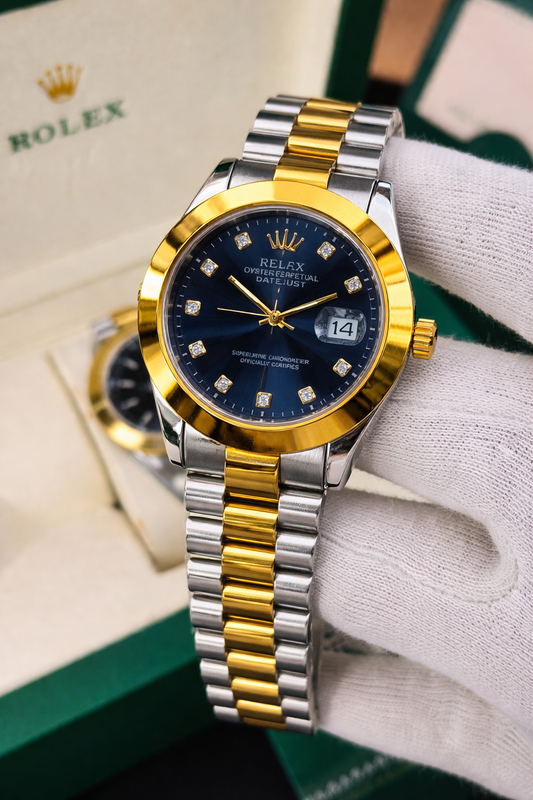 Prestige two tone Chain Blue Dial Diamond-Style  Men’s Watch With Date Display