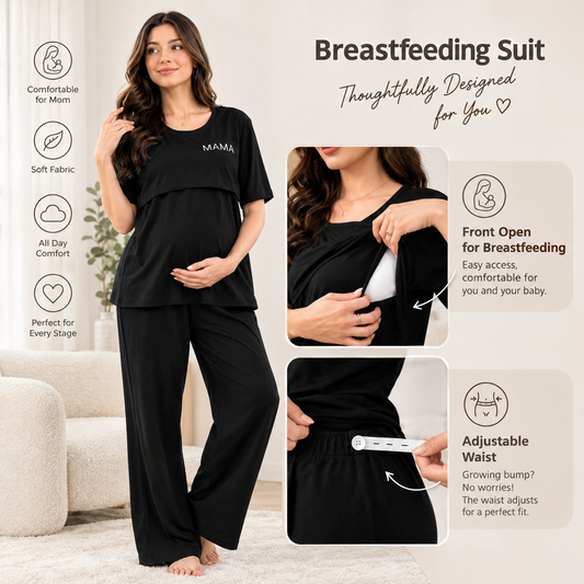 Maternity & Breastfeeding Pajama Set – Soft Cotton Nursing Loungewear with Adjustable Elastic Waist (Jet Black)