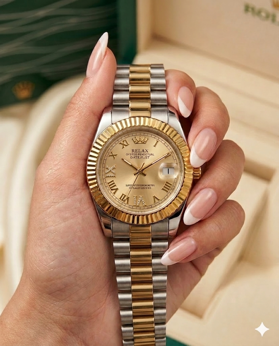 Women two tone Chain Golden Roman Dial  Watch With Date Display