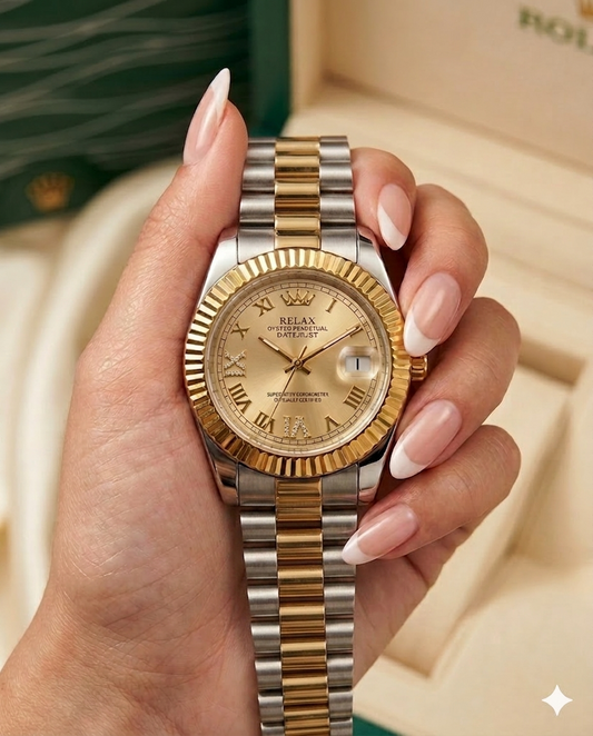Women two tone Chain Golden Roman Dial  Watch With Date Display