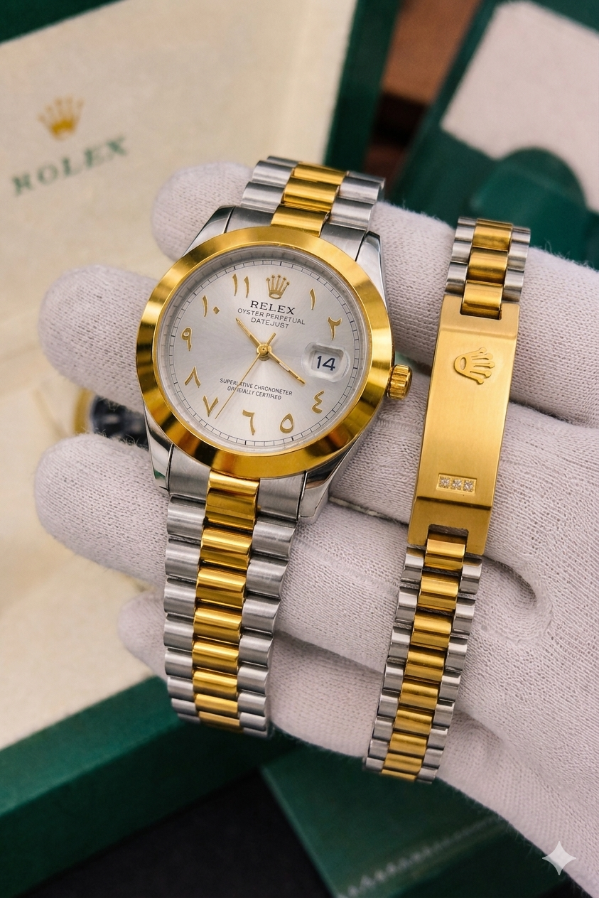Two tone Silver Arabic dial watch and bracelet