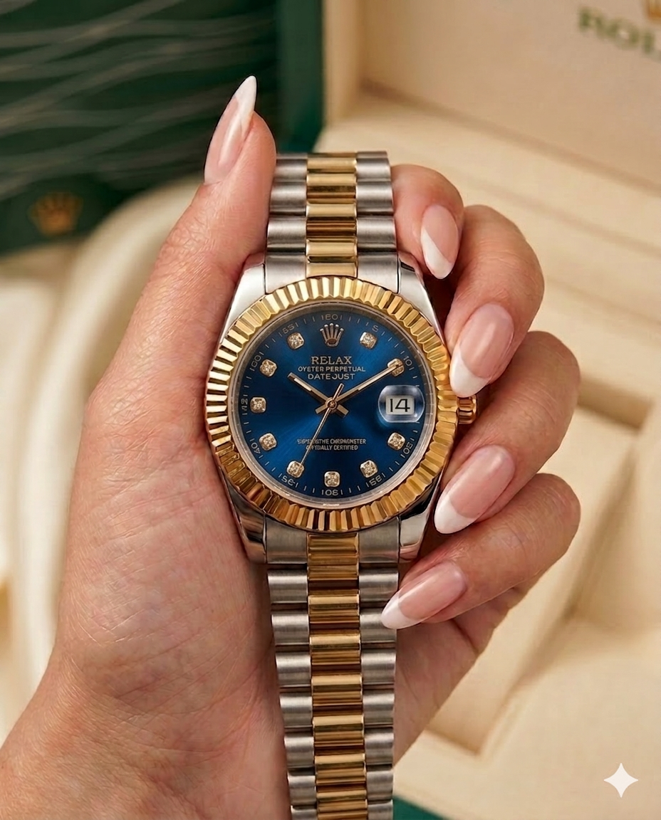 Women two tone Chain Blue Dial  Watch With Date Display