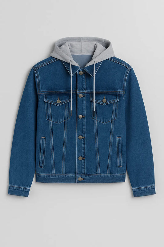 Blue Denim Jacket with Hoodie – Unisex stylish casual wear for men and women in Pakistan, streetwear fashion.