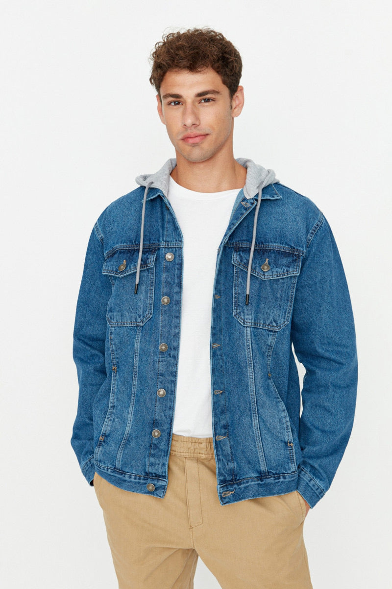 Hooded  Denim Jacket in Classic Blue unisex