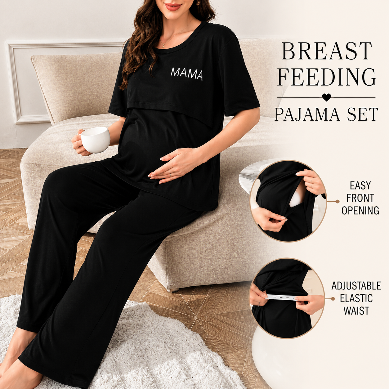 A pregnant woman wearing a black maternity pajama set with 'MAMA' printed in white on the chest, sitting on a beige sofa. The set includes a short-sleeve top and matching pants.
