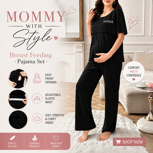 Maternity & Breastfeeding Pajama Set – Soft Cotton Nursing Loungewear with Adjustable Elastic Waist (Jet Black)