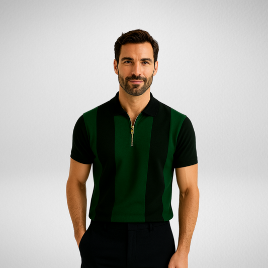 Men’s Green & Black Zip Polo Shirt – Short sleeve casual wear, stylish polo t-shirt in Pakistan.
