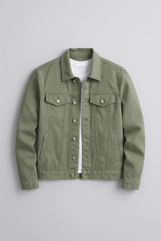 Olive Green Denim Jacket – Unisex stylish casual wear for men and women in Pakistan, trendy casual outerwear.