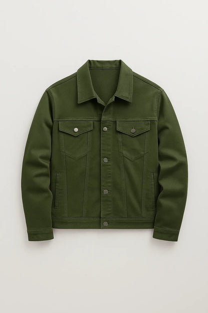 Olive Green Denim Jacket – Stylish unisex denim jacket for men and women in Pakistan, premium casual outerwear.