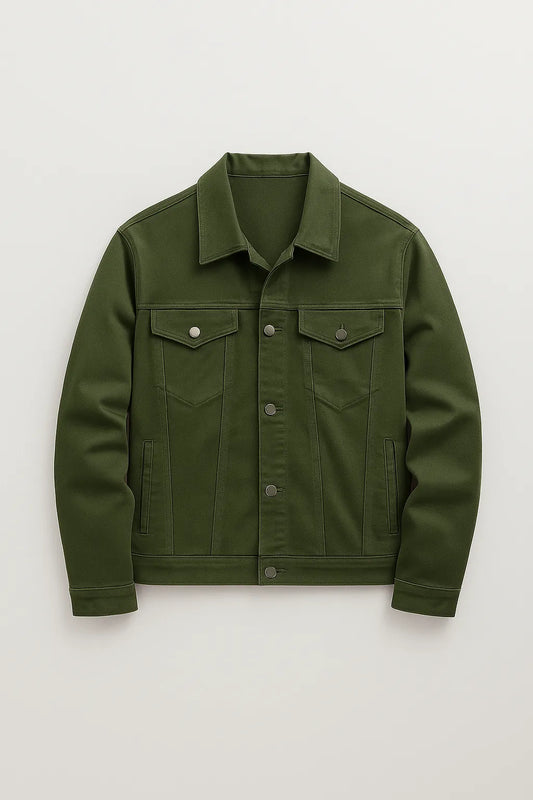 Olive Green Denim Jacket – Stylish unisex denim jacket for men and women in Pakistan, premium casual outerwear.